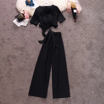 Amolapha Femei Stil Scurt Șifon Cardigan Pantaloni Set V Neck Solid Tricouri Largi Picior Pantaloni Costume pentru Femeie