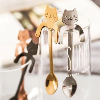Noi lingură de cafea Mini din Oțel Inoxidabil de Desene animate Pisica Lingura Mâner Lung Tacâmuri consumul de Cafea Instrumente de Bucătărie Gadget lingurita