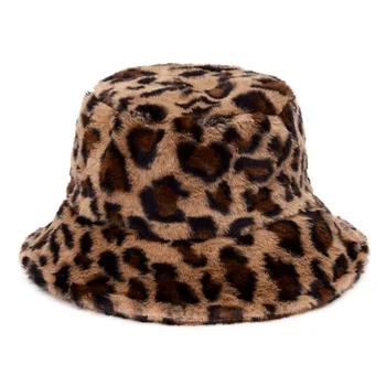 Iarna Vaca Leopard Faux Blana Pufos Găleată Pălării Femei În Aer Liber, Soare Cald Pălărie Moale De Catifea Furly Pescar Capac Fata De Moda Panama