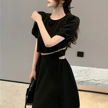 Elegante Casual Femei, Rochii de Petrecere de Vară 2021 Manșon de Puf de Epocă Rochie Midi Femei Design Negru Stil coreean O-gât stil Gotic