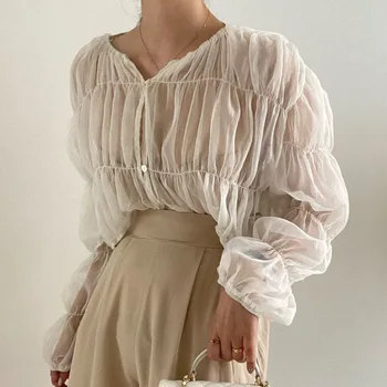 Moda Coreeană Cutat Bluză Casual Pentru Femei De Vara Noi Falduri Largi Perspectiva Șifon Tricou Maneca Lunga Topuri Blusas Mujer 15624