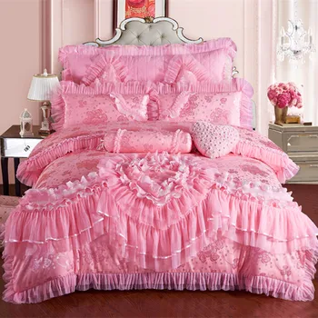 Dantela roz Printesa de Nunta de Lux Set de lenjerie de Pat King Queen-Size Mătase Bumbac Pata de Pat set de Plapuma fata de Perna Cuvertura de pat