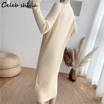 Kaki Elegant Tricot Rochie Lunga Femeie Toamnă Nouă Guler Înalt Pulover Rochie pentru Femei de Iarnă Strada Cald Vestido de Îmbrăcăminte