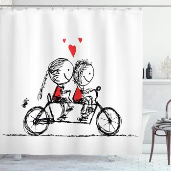Bicicleta Perdea De Dus Copii Dragoste Cuplu Ciclism Împreună Suflete Pereche Îndrăgostiților Sumare De Imprimare Tesatura Pânză Decor Baie Set