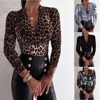 Leopard Print cu Maneci Lungi Adânc V-gât Slab Topuri Si Bluze Office Doamnelor Elegante, Sexy Casual Temperament Feminin Tricouri