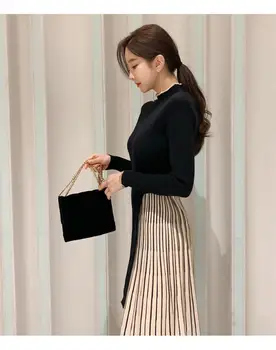 Pulover Kintted Femei Rochie bodycon negru cu dungi cu maneci lungi doamnelor rochii stil coreean 2021Autumn și iarna femei sukienki