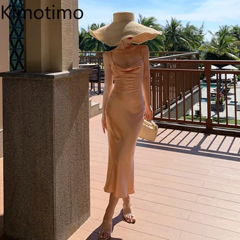 Kimotimo Francez De Epocă Rochie Din Satin De Sex Feminin De Vară 2021 Nouă Vacanță Pe Plajă În Stil Swinging Guler Subțire Lung Rochie De Curea Spaghete