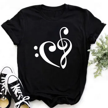 Moda pentru femei T Shirt de Dragoste Muzicale Inima de Imprimare T Tricoul sex Feminin Maneci Scurte Drăguț Grafic Tee Topuri Femei Negru T-shirt, Blaturi