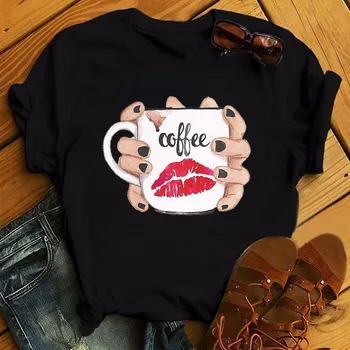 Iubitor De Cafea Tricou Femei De Moda Noua Tricou Timp De Cafea Floare De Imprimare Topuri Tee De Sex Feminin Short Sleeve Graphic Tee Shirt Haine