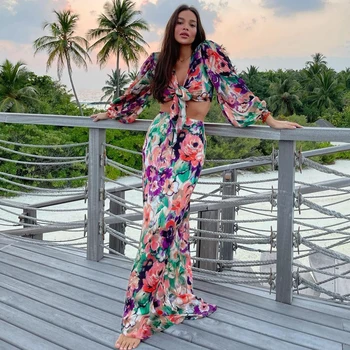 2022 Print Floral Două Piese Tunica de Bumbac Plaja Acoperi costume de Baie Femei Pliuri Maneca Lunga Pareo Sarong Beachwear Saida de Praia