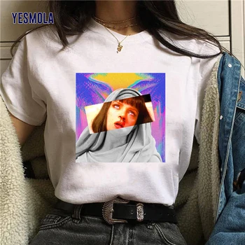 YESMOLA Femei de Vara T-shirt Harajuku Ulzzang Pulp Fiction Film Amuzant Print T Shirt 90 de Moda Fecioara Maria Mia Tricou Top Tees