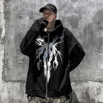 Y2K Hanorace Hip Hop Tricou Supradimensionat Streetwear Harajuku Hanorac Negru Moda Imprimate cu Fermoar de Sus Haine pentru bărbați