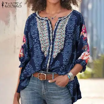 ZANZEA Femei Vintage V-Neck Maneca 3/4 Bluza de Toamna Florale Imprimate Topuri Casual Boem Plaja Tricou Vrac Vacanță Blusas Mujer