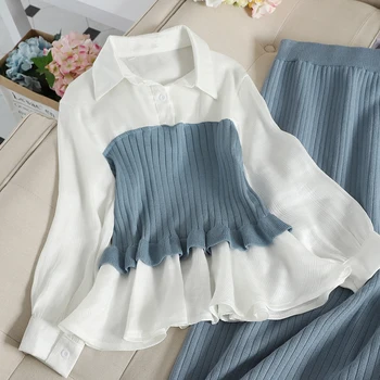 2021 Moda de Primăvară Două Bucata Set pentru Femei Bluza Mozaic Pulover de Tricotaje Și Split Subțire Tricot Mijlocul Fusta pentru Femei Costume Elegante