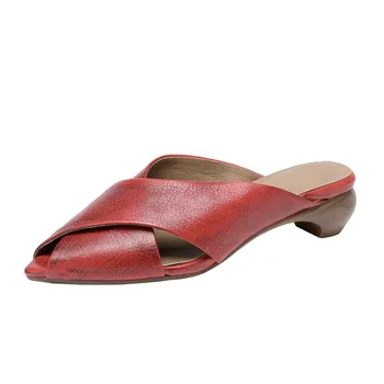 Femeile Catâri Rosu Din Piele Tocuri Joase Papuci Pantofi De Vara Pentru Femei Lucrate Manual Din Piele Pentru Femei Papuci Retro Brand Shoes2021