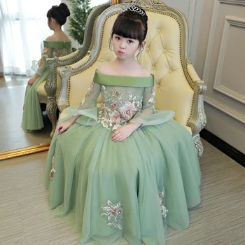 Copilul de nunta de lux rochie verde cu maneci lungi seară de bal rochii de bal shoulderless floare broderie fata halat de off-umăr rochie