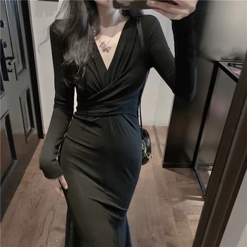 Negru Sexy Rochie Midi Femei Office Lady V-Gât Design Elegant Rochie Casual, Petrecere De Seara-O Singură Bucată Rochie Coreeană 2021 Toamna Anului Nou