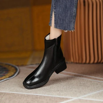 Femei Cizme Scurte din Piele Split 2021 Iarna Cald Plus Doamnelor Pantofi Deget de la picior Pătrat Plus Dimensiune Cizme Negre Cizme Moderne Femeie Botas