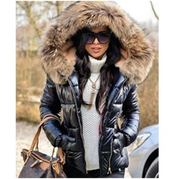 Haine de iarna Plus Dimensiune Hanorac pentru Femei de Moda Elegant Guler de Blana cu Gluga Puffer Coat Supradimensionate Scurt în Jos Căptușit Sacou