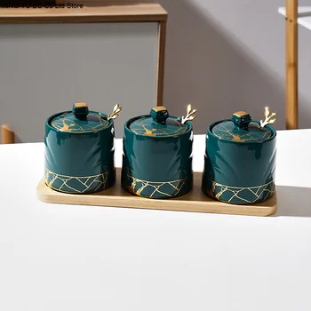 Marmură de aur din sticlă ceramică de stocare balon spice borcan cu capac cutie condimente interne castron de zahăr din lemn de bambus tava ustensile de bucătărie